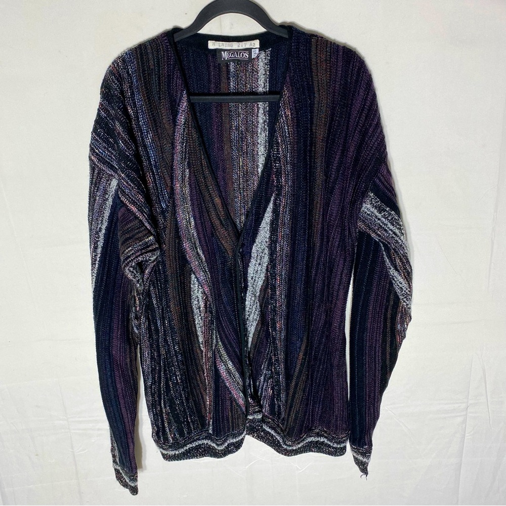 Vintage Megalos Black Purple Gry Striped Textured Knit Button Front Cardigan 2XT